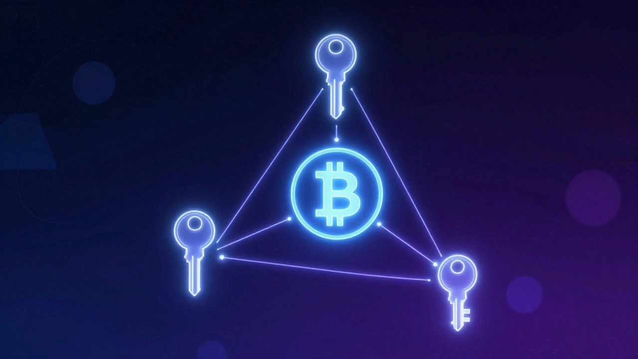 Abstract glowing keys forming secure triangle around Bitcoin