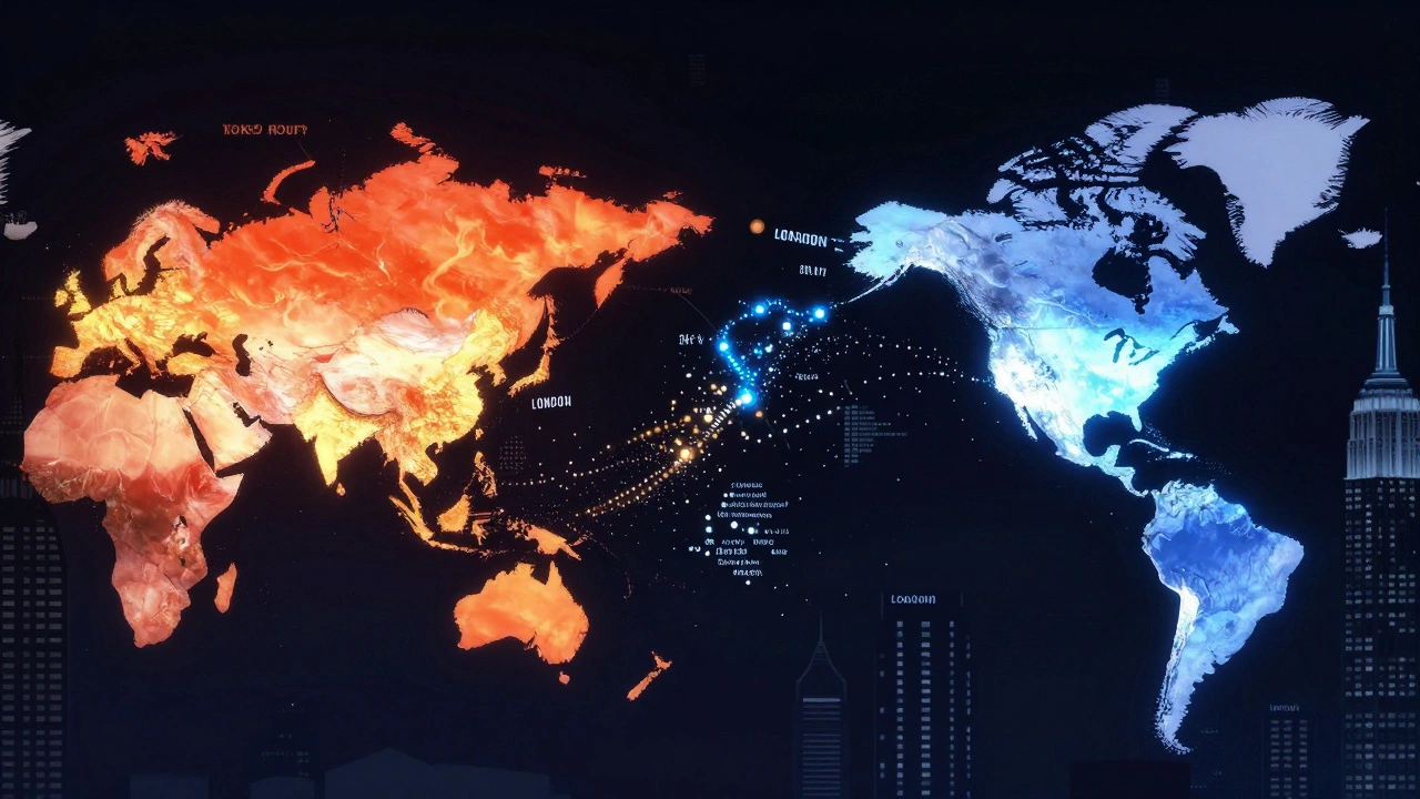 Global map showing data flow between Asian and American trading sessions
