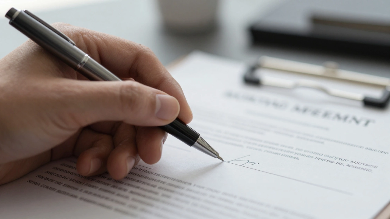 Hand signing a new mortgage agreement document in a professional setting.