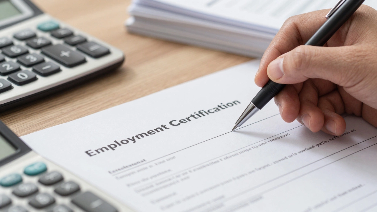 Hand signing student loan employment certification form on a desk.