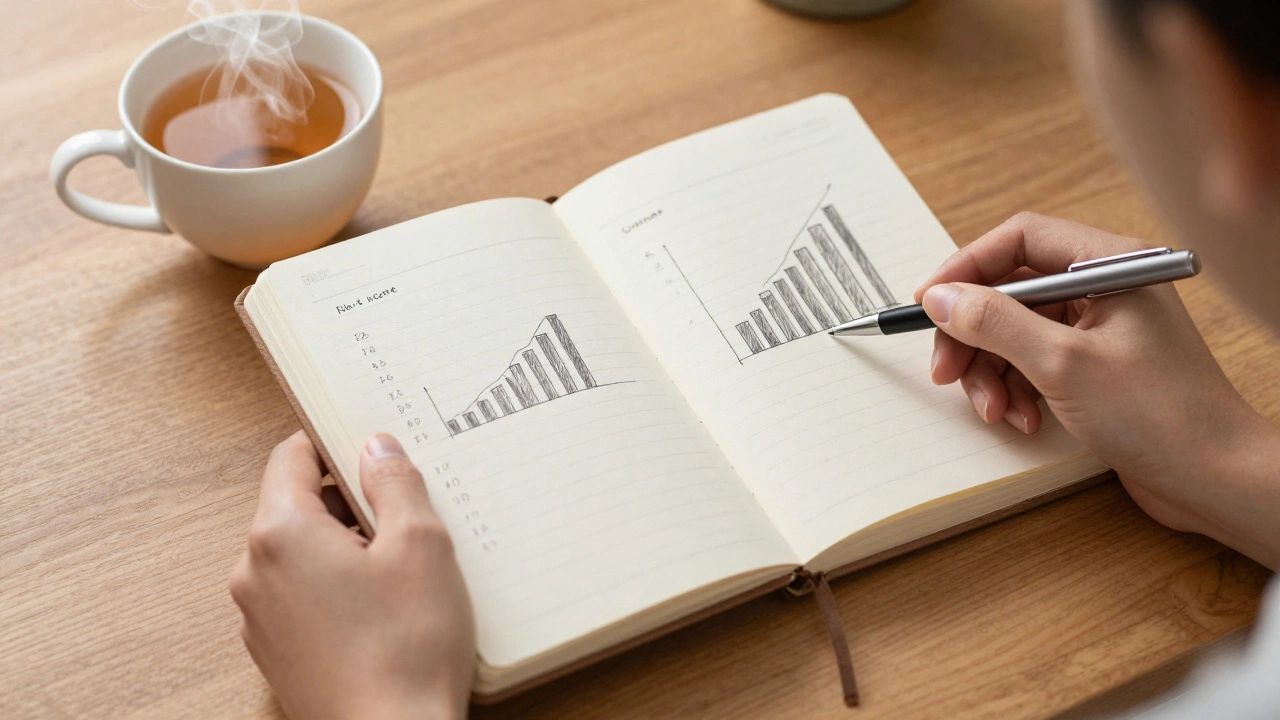 Hands writing budget calculations in a notebook with a cup of tea