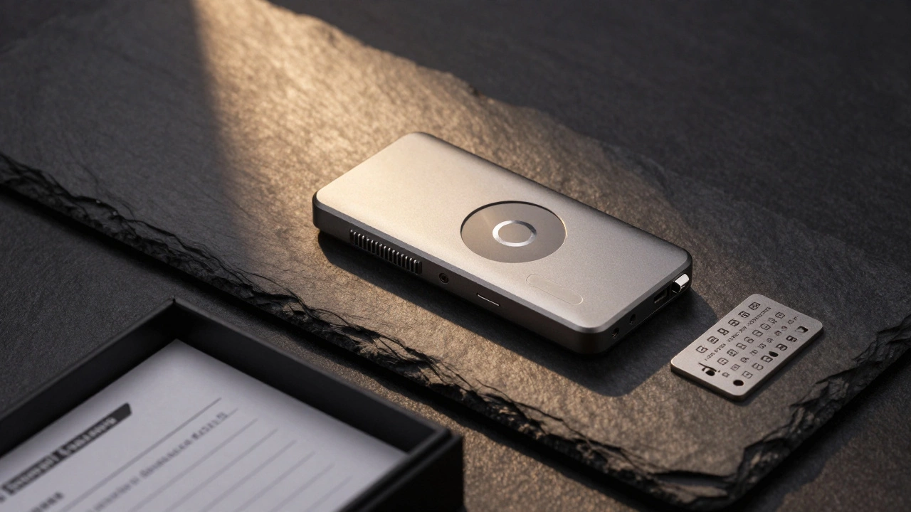 Hardware wallet and metal seed plate on secure desk