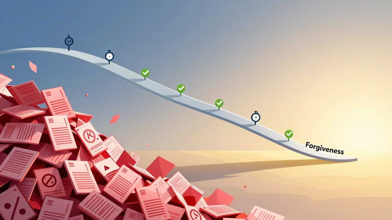 Illustration of a path from debt stress to financial freedom through repayment plans.
