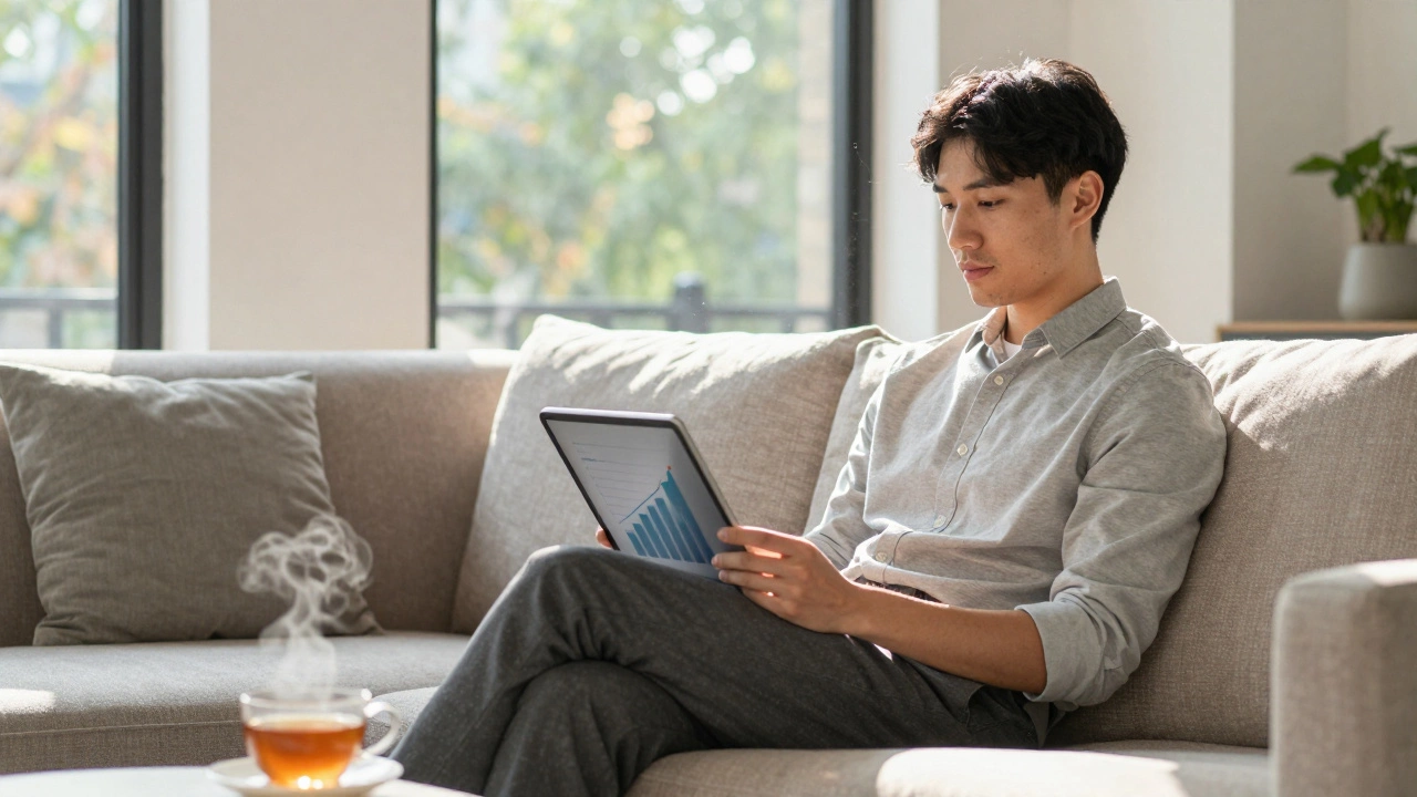 Person relaxing on sofa with tablet showing growth charts
