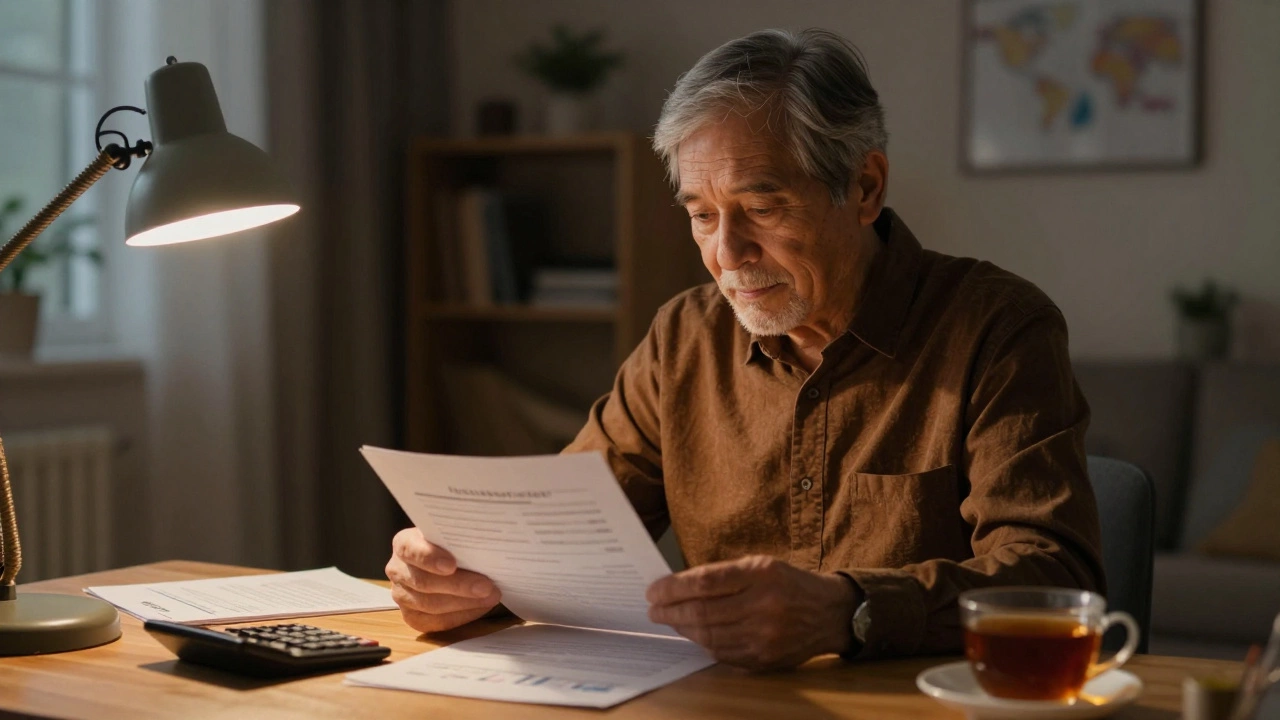 Senior person reviewing financial plans at a desk with warm lighting