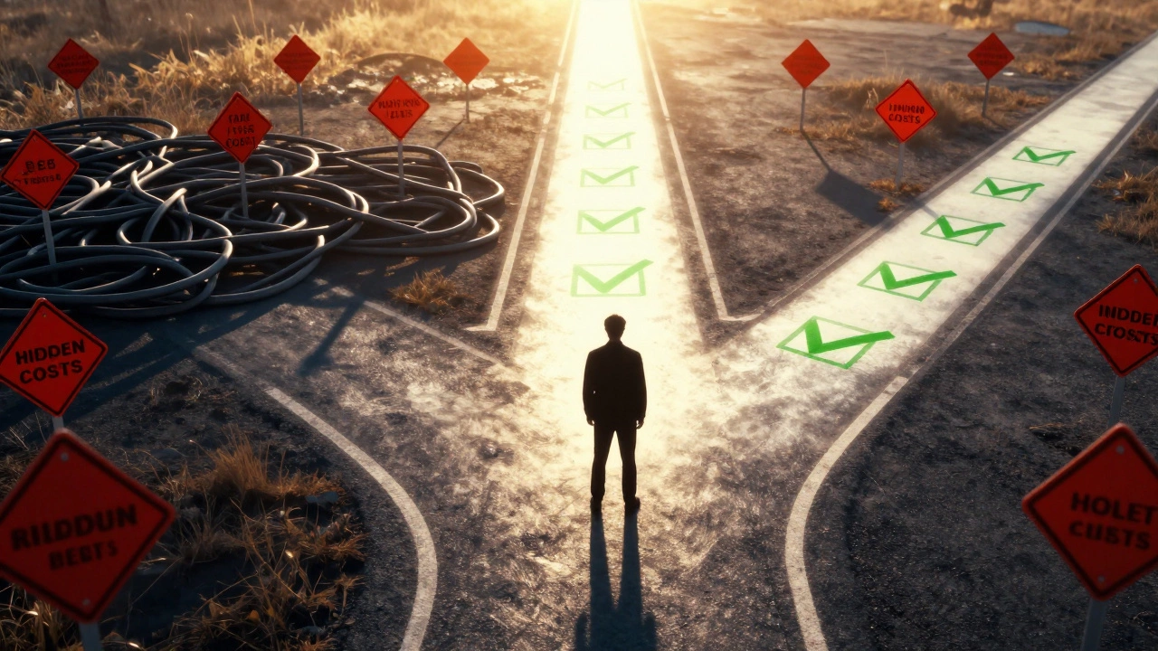 Silhouette choosing between a dark risky path and a bright safe financial path