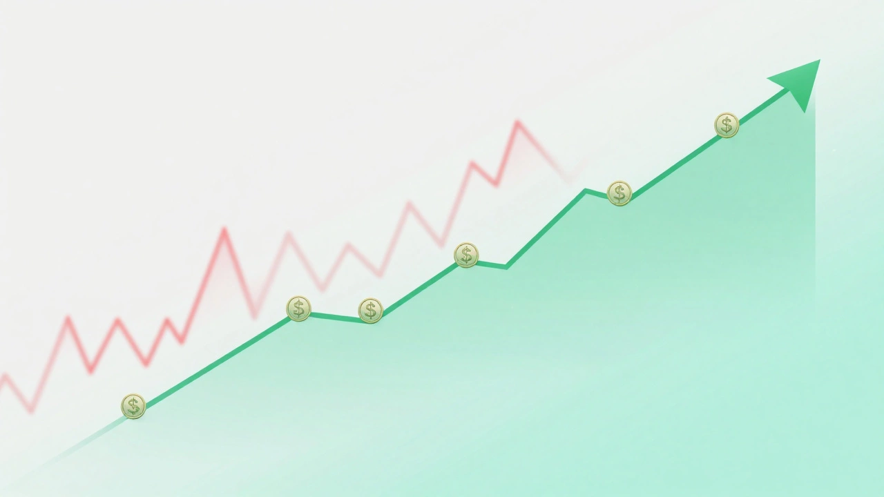 Smooth green trend line with evenly spaced coins illustrating DCA strategy