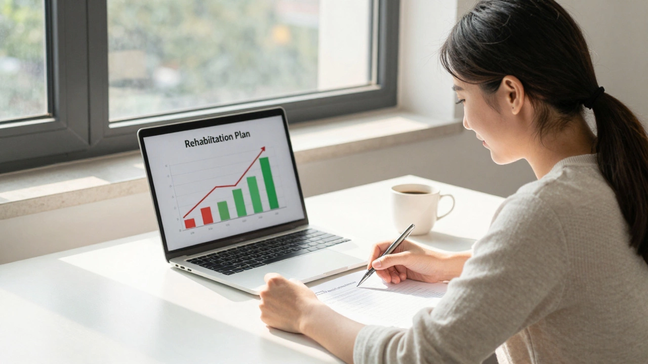 Woman reviewing loan rehabilitation plan with hopeful expression