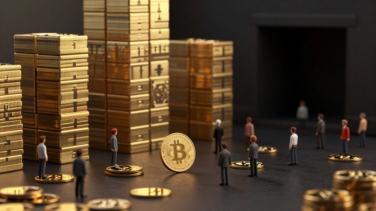3D render contrasting small retail Bitcoin holders with large institutional structures