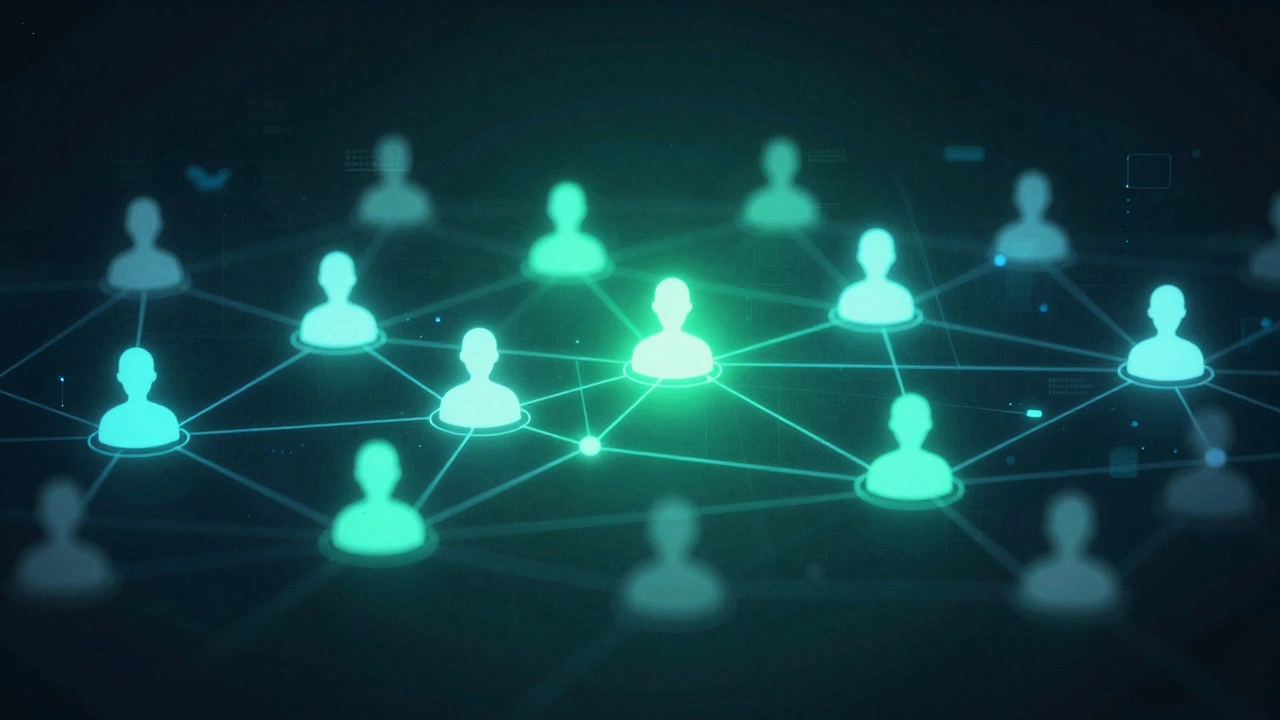 Abstract network of glowing nodes representing blockchain transparency and privacy