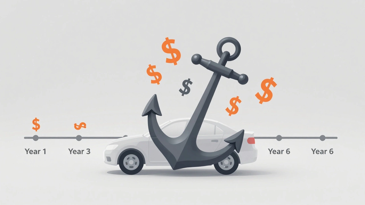 Car weighed down by debt anchor symbolizing loan interest risk