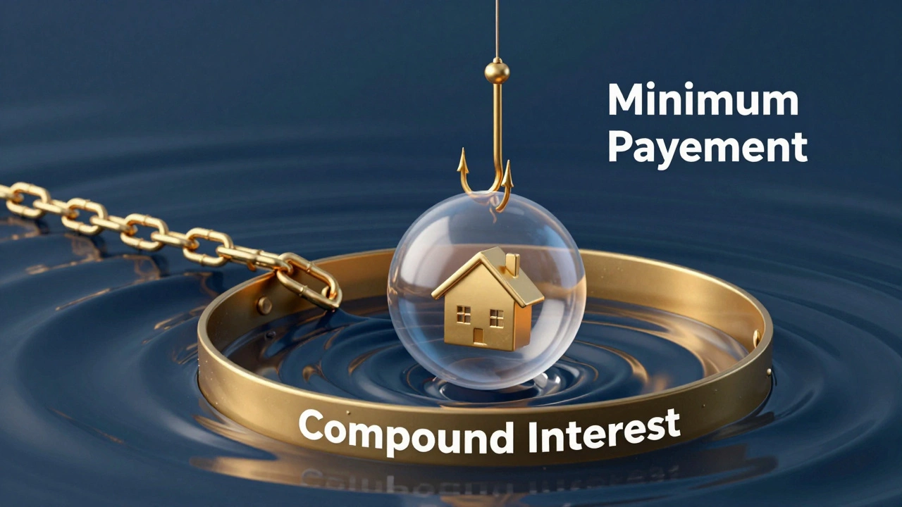 Conceptual art of a hook dragging a wealth bubble into debt waters