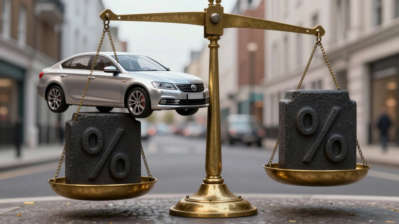 Conceptual art showing a car outweighed by heavy debt blocks on a scale