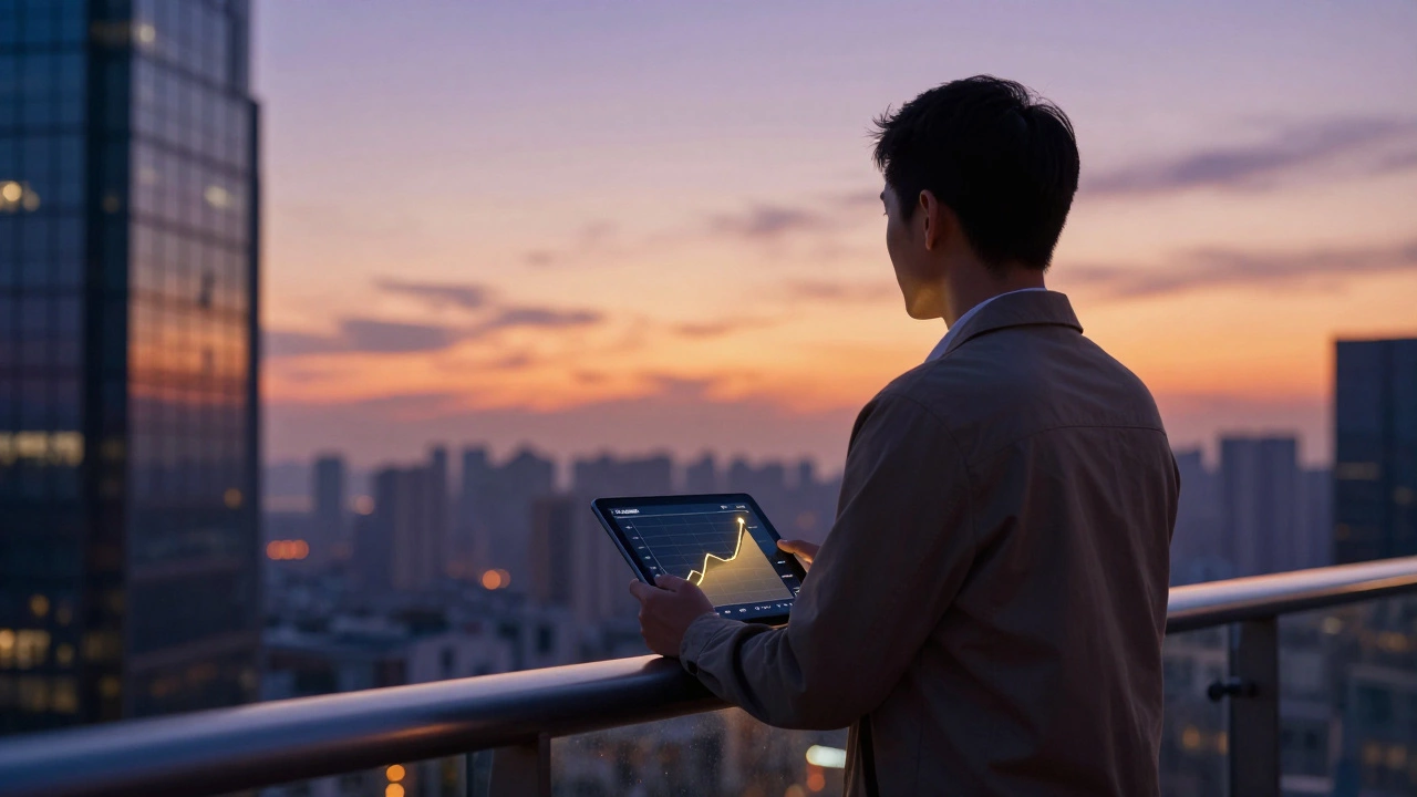 Confident person enjoying view from balcony, symbolizing financial freedom