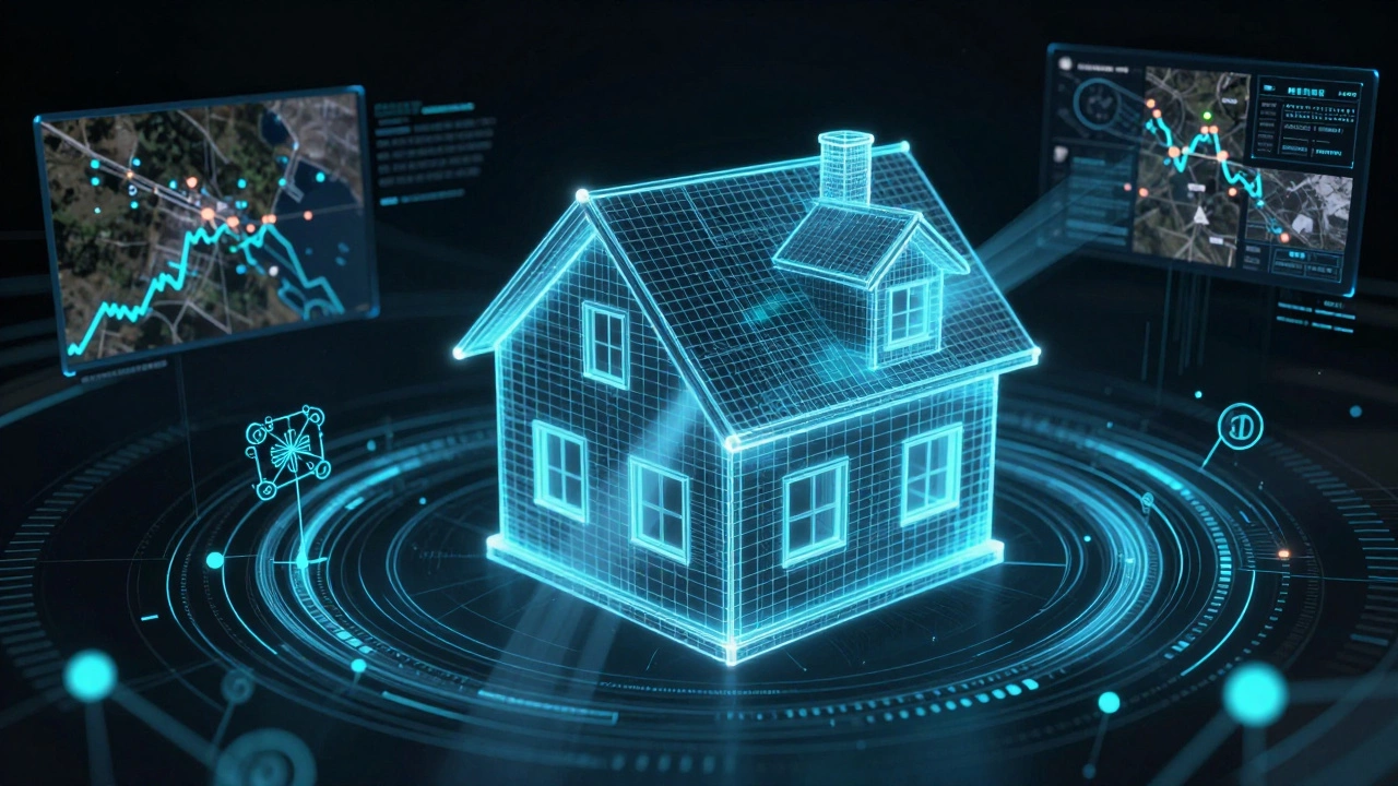 Digital wireframe house being scanned by AI data streams and satellite tech