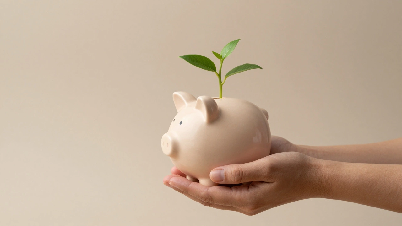 Hands holding a piggy bank turning into growing plants, symbolizing patient wealth building
