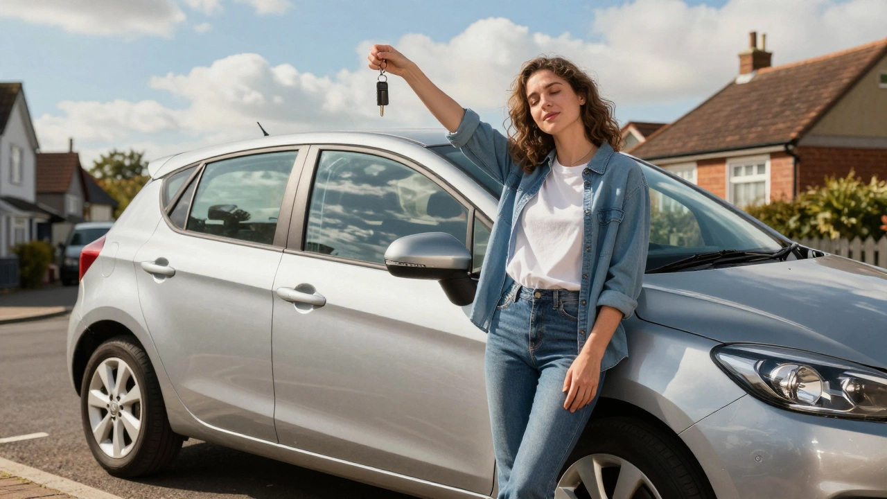 Happy driver holding keys to a practical used car on a sunny UK street