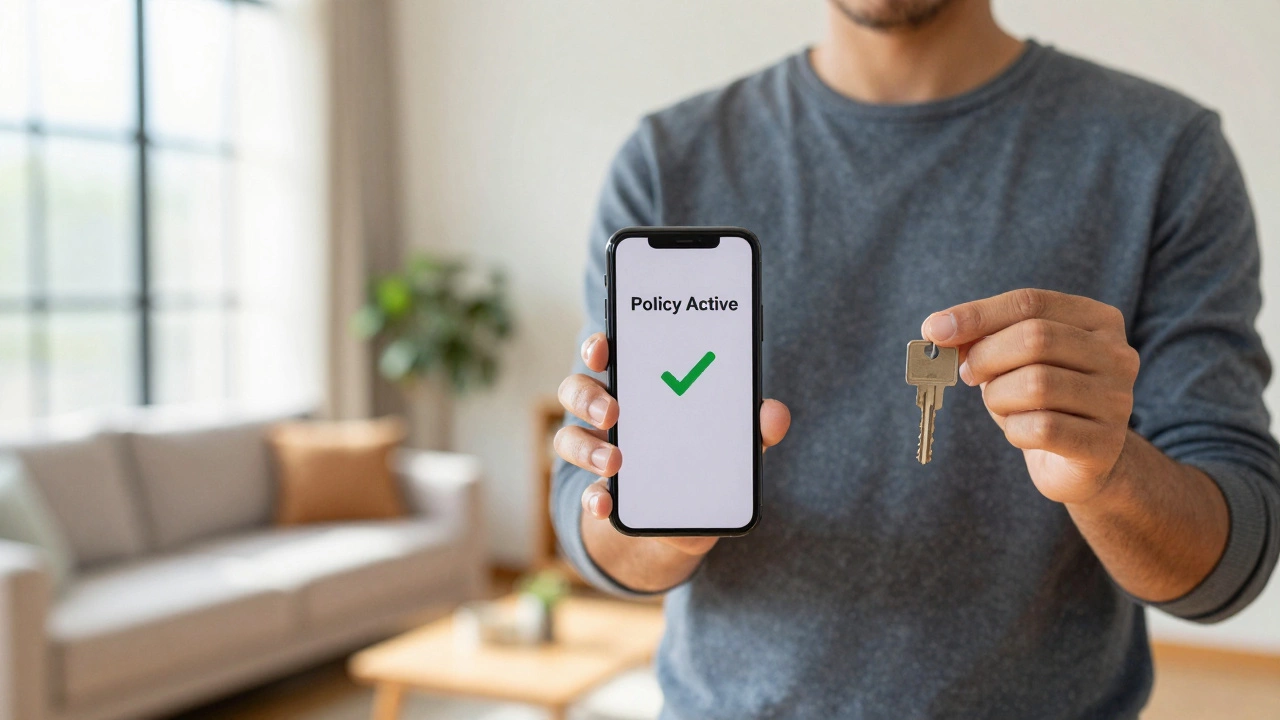 Homeowner holding phone with active policy confirmation and keys