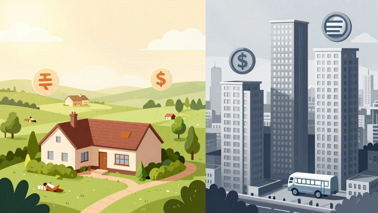 Illustration comparing rural vs city cost of living impact on wealth