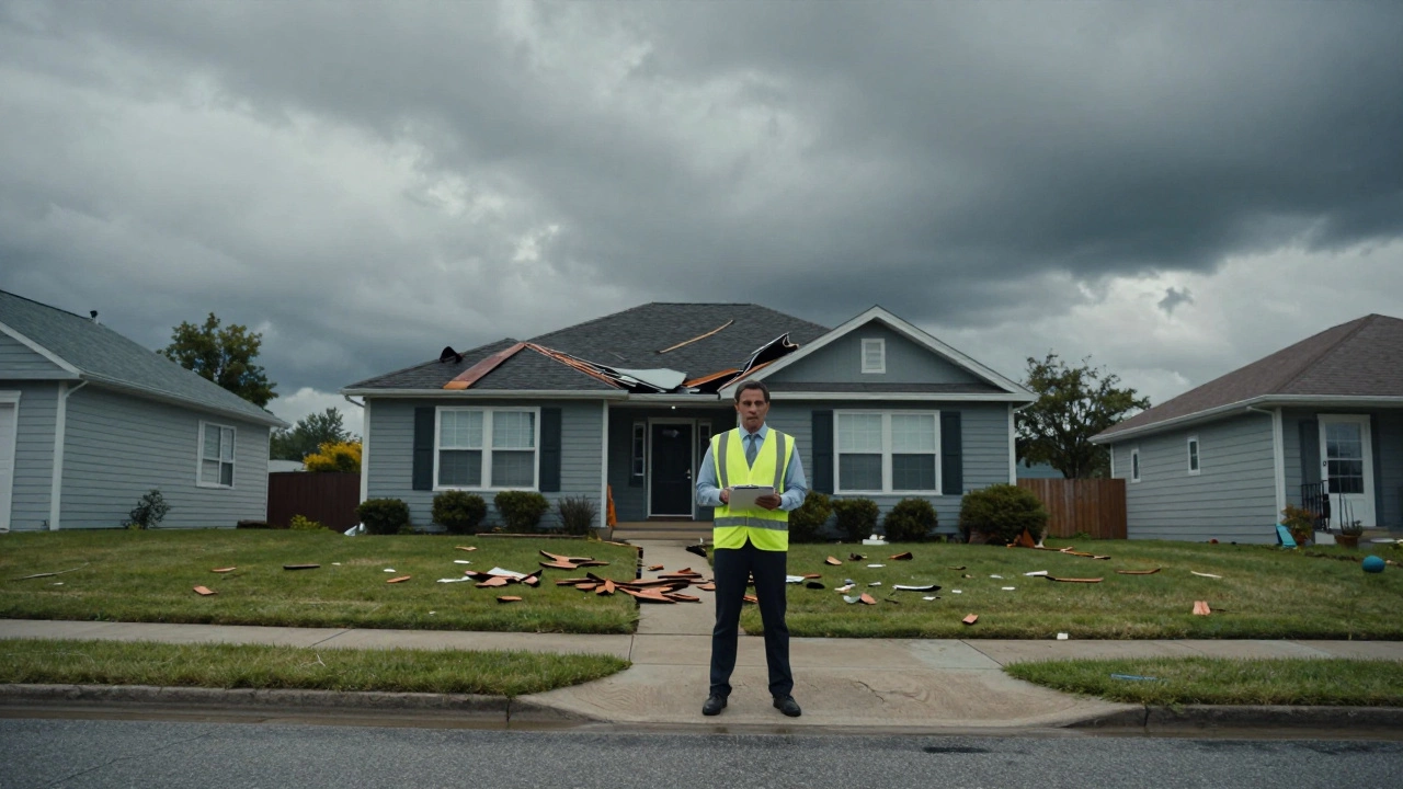 Loss adjuster inspecting storm-damaged roof on a suburban home under cloudy skies.