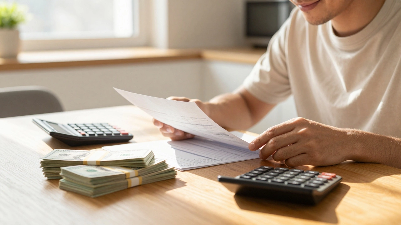 Person calculating savings with cash down payment on table