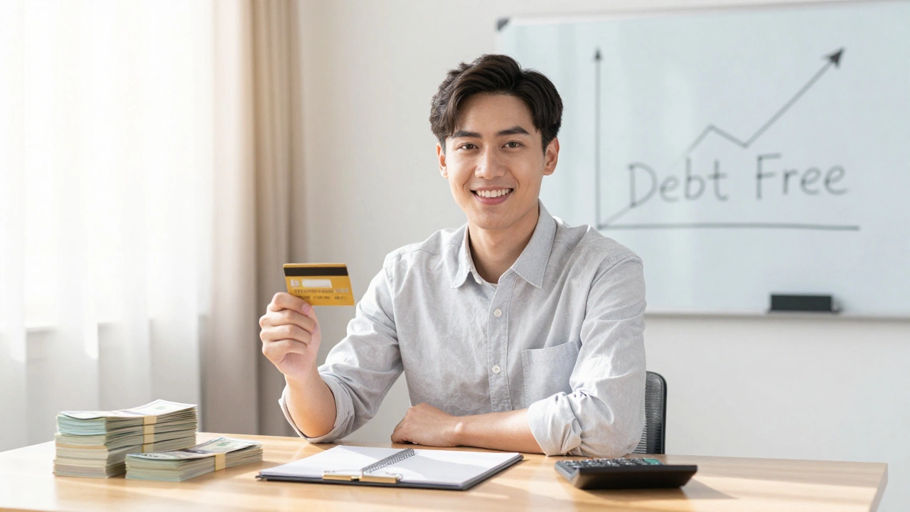 Person celebrating financial freedom with cash and debit card on desk