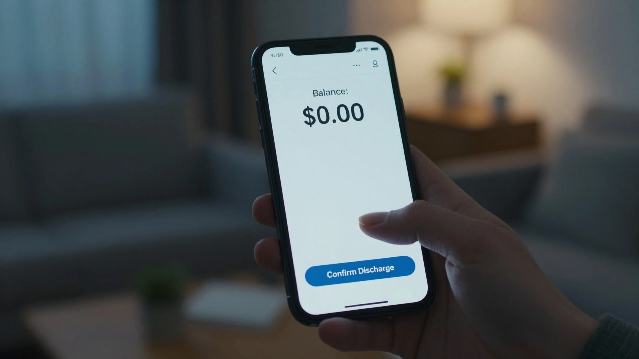 Smartphone screen showing zero balance after loan discharge