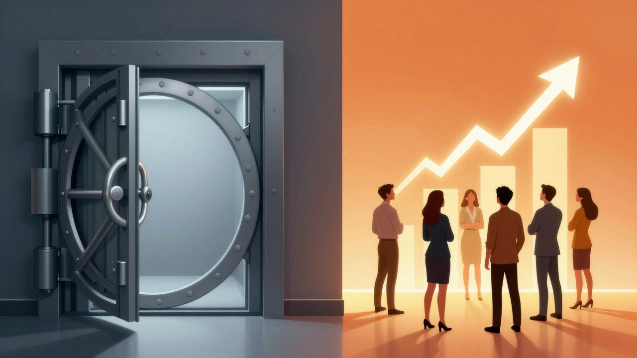 Split image contrasting a dark bank vault with bright rising market arrows