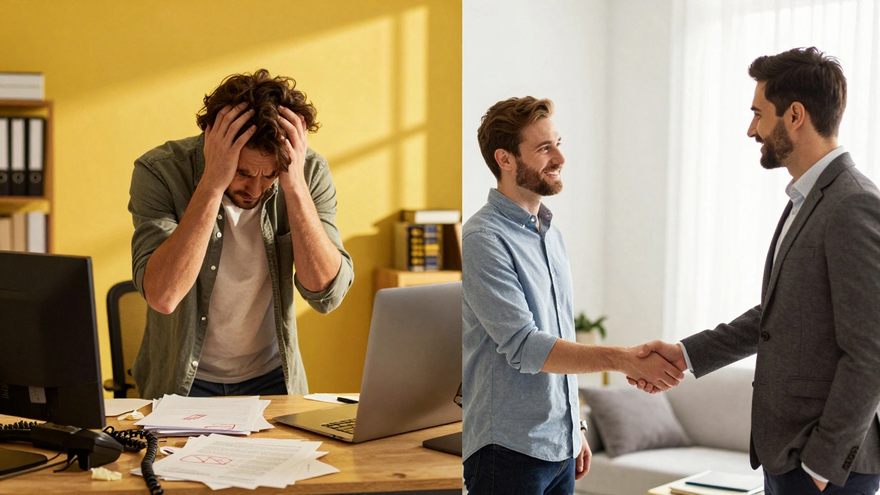 Split view showing stressed person with paperwork versus happy person shaking hands with agent