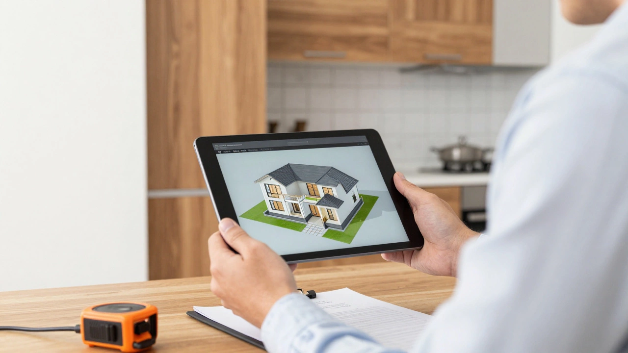 Valuer assessing premium kitchen fixtures and using a tablet to calculate home replacement cost.