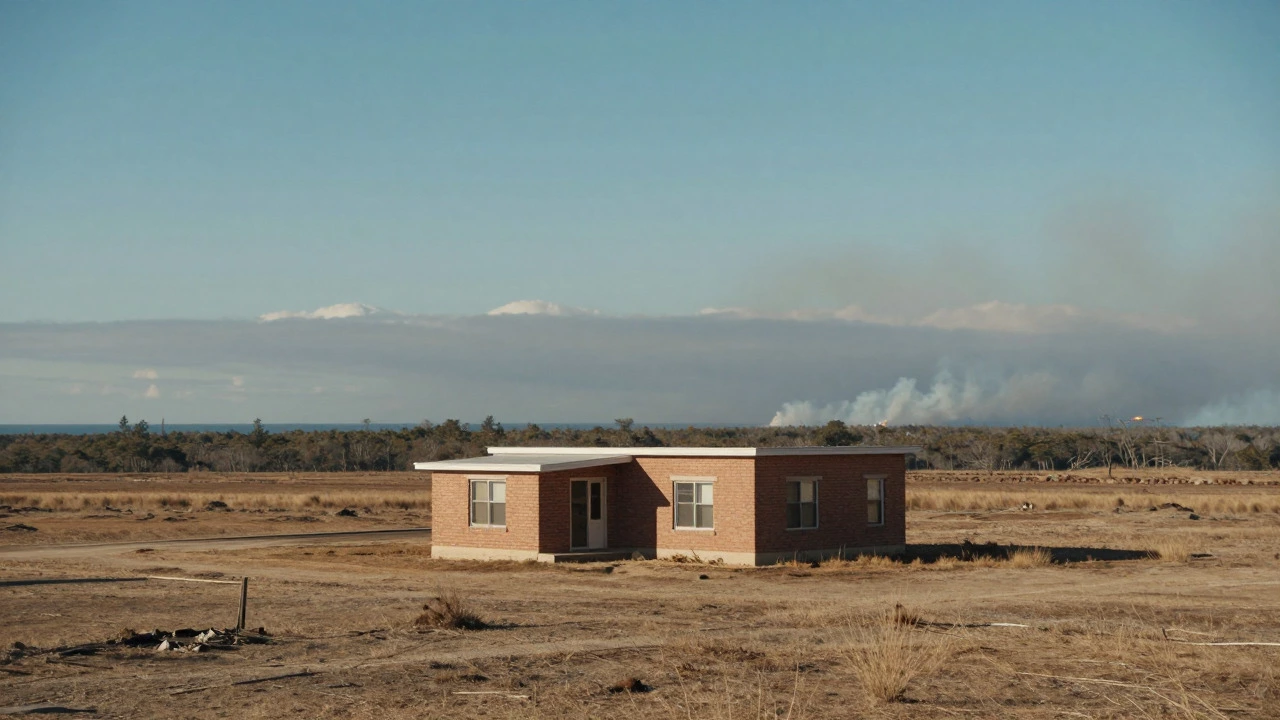 A simple brick home on safe inland ground, contrasting with distant stormy and wildfire-prone areas.