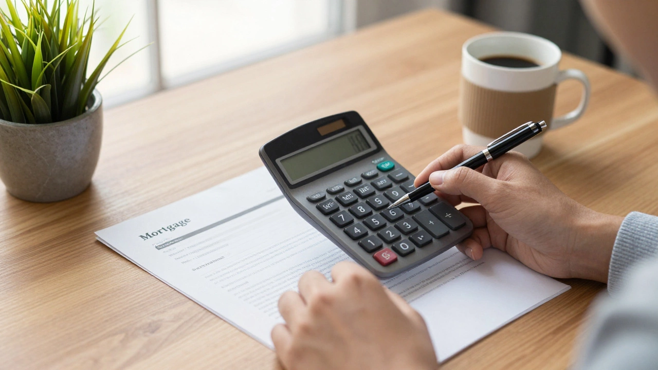 Close-up of hands calculating mortgage costs on a desk with financial documents.