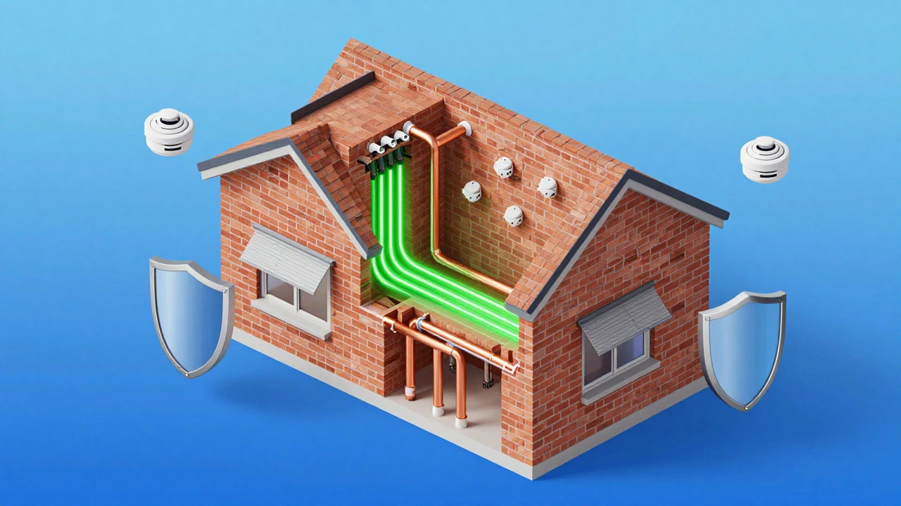 Cross-section of a brick house showing modern wiring, plumbing, and fire sprinklers as safety features.