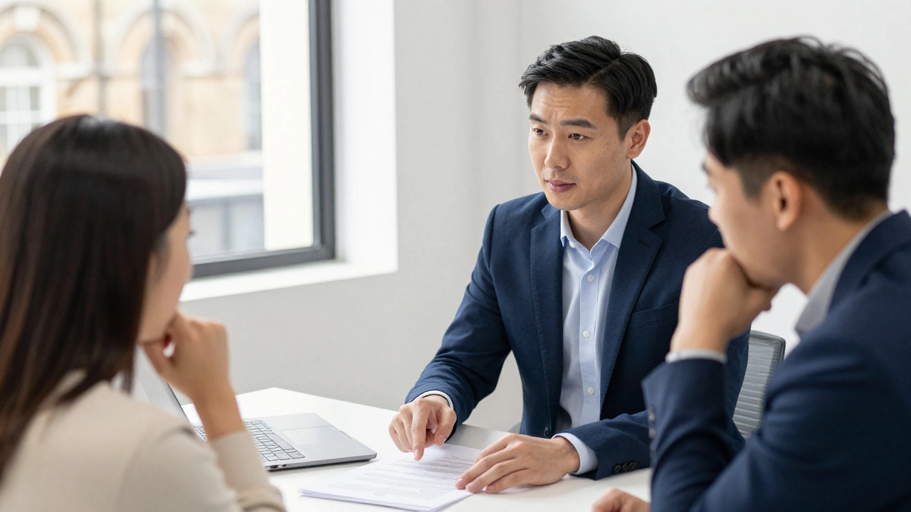 Financial advisor discussing mortgage options with a couple in a bright London office