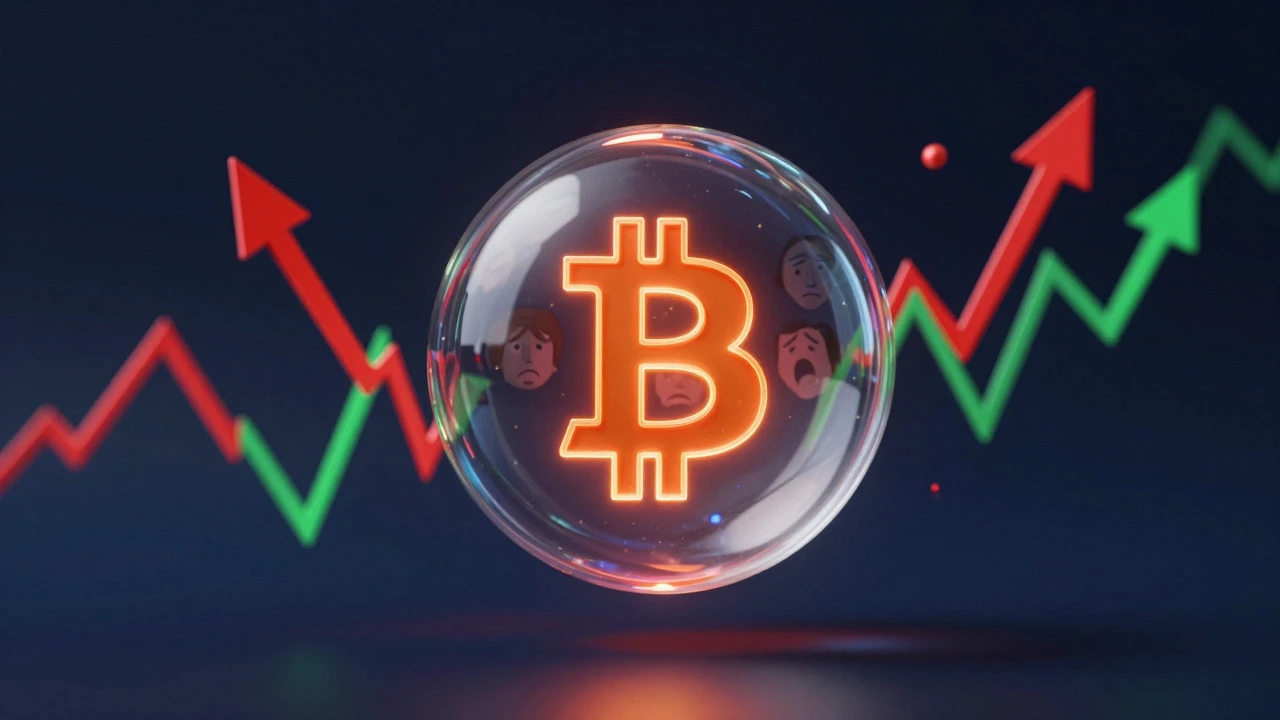 Glass sphere with Bitcoin logo surrounded by volatile market arrows