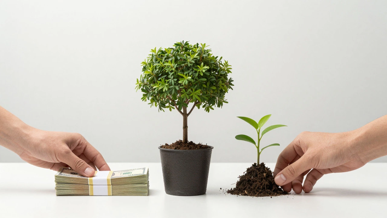 Hand placing cash next to growing plant symbolizing down payment and credit repair