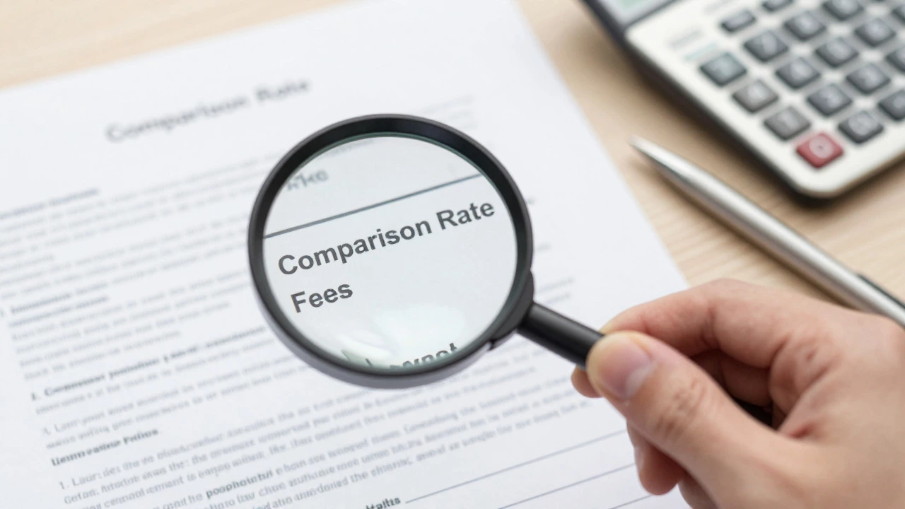 Hand using magnifying glass to inspect loan fees on document