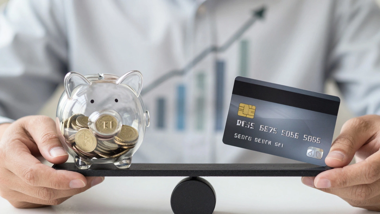 Hands balancing a piggy bank and debit card on a scale symbolizing financial choices