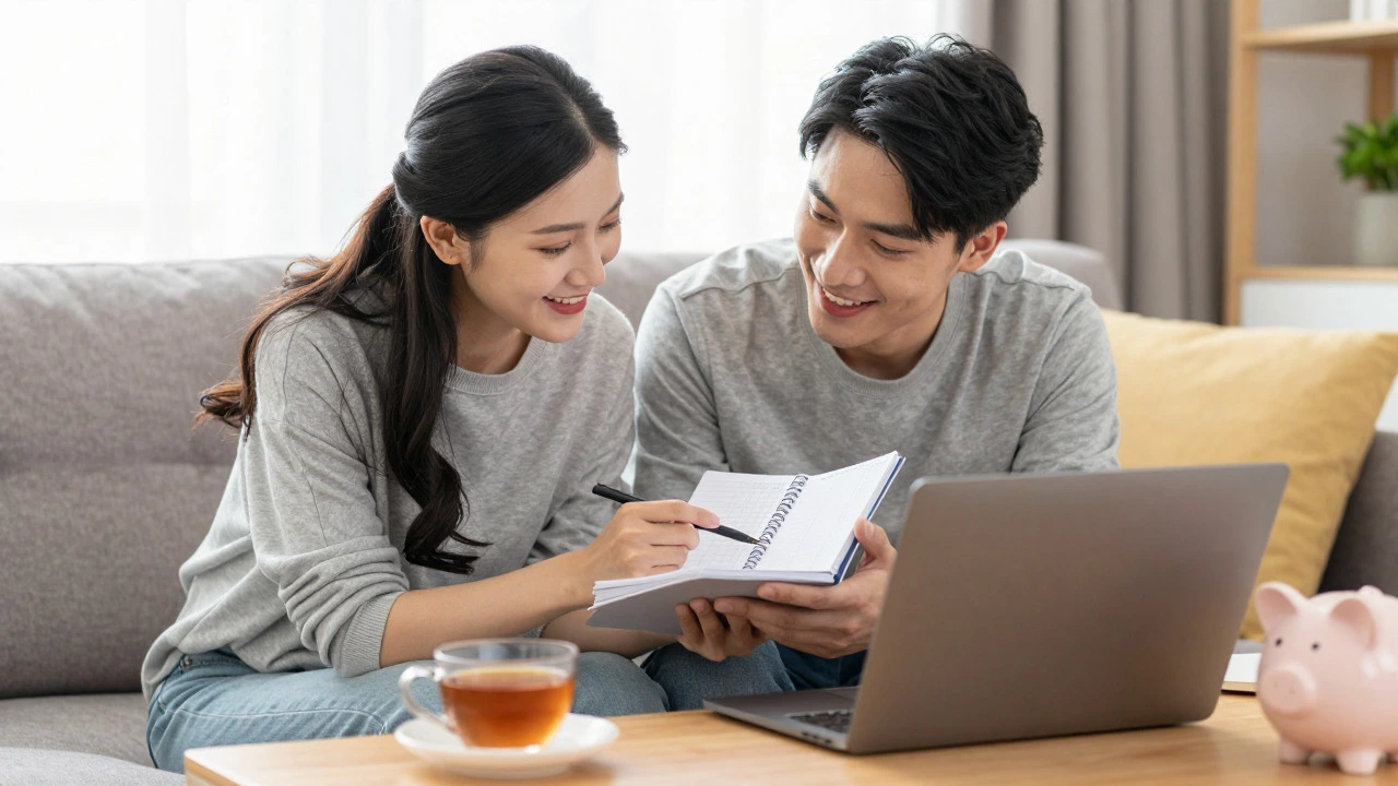 Happy couple planning their budget together on a sofa with a notebook.