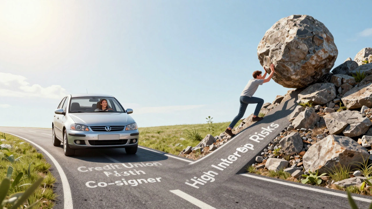Illustration of two paths: easy route via credit union vs hard route with high interest