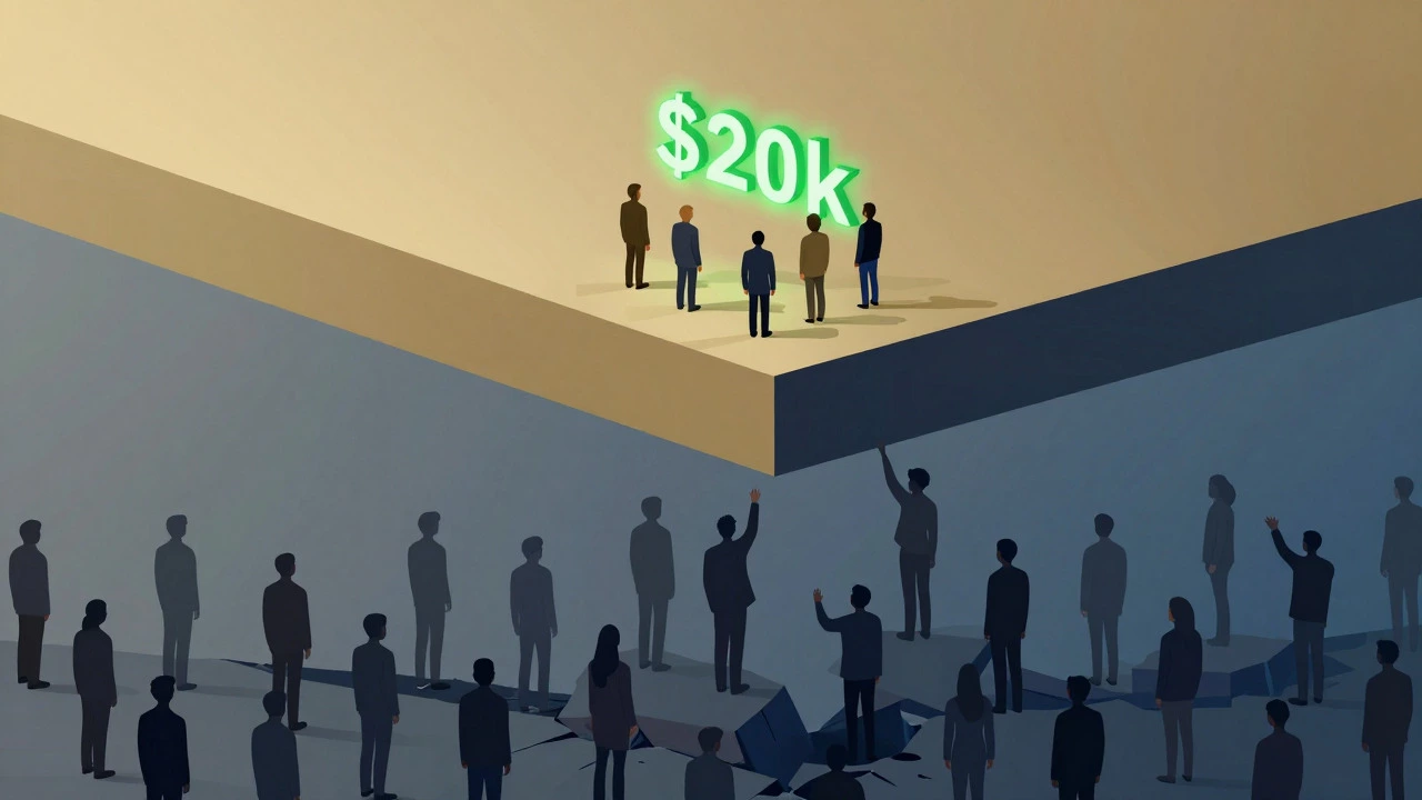 Illustration showing few people on a high platform while many struggle below.