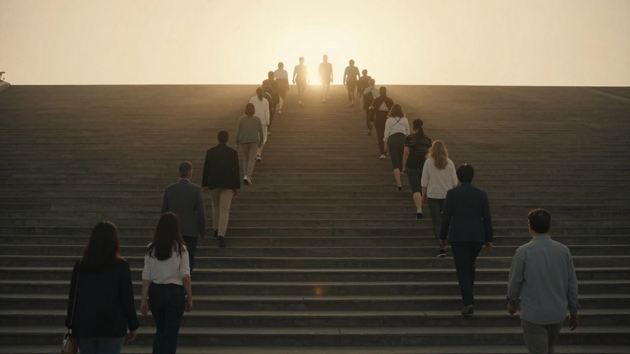 People walking up a long staircase towards light, symbolizing long-term investing