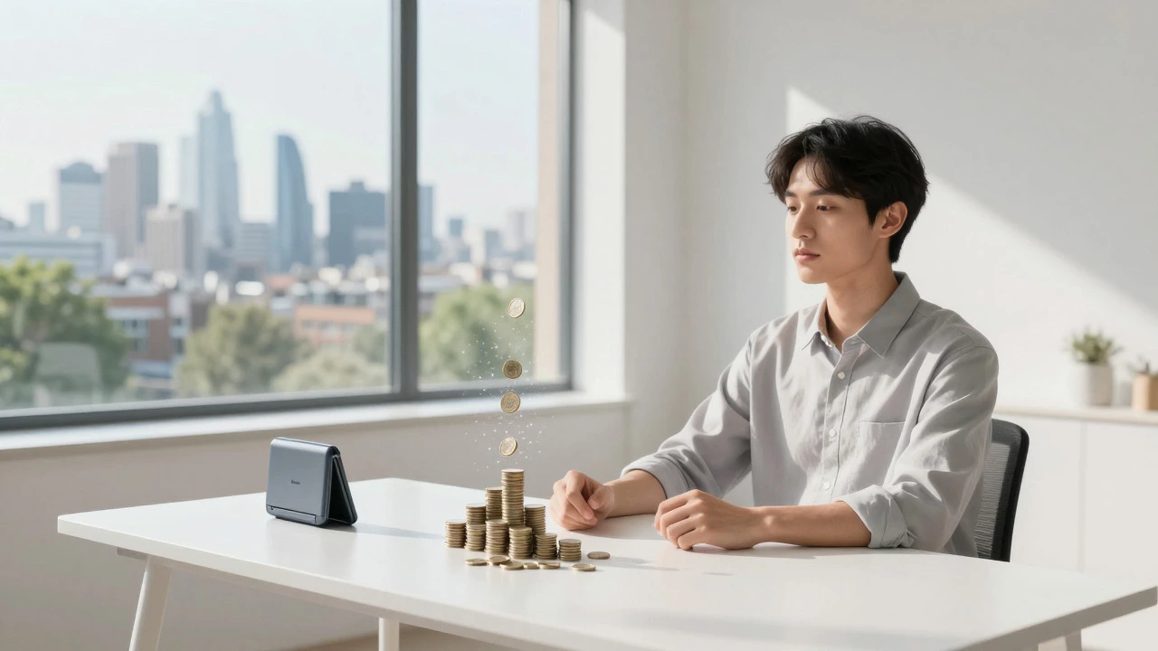 Person at desk with hardware wallet and rising digital wealth particles