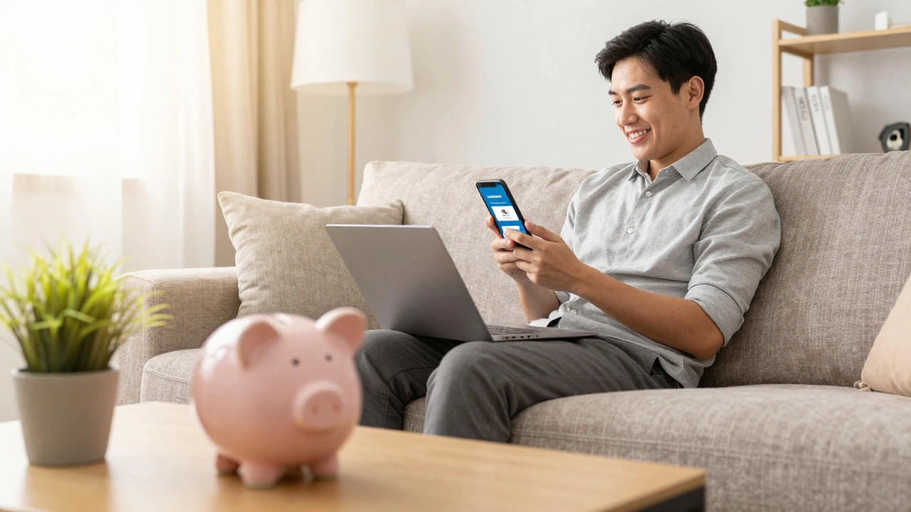 Person smiling while checking savings goals on phone