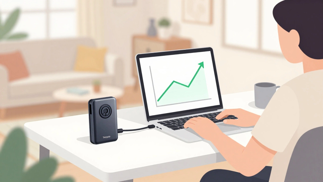 Person using a hardware wallet for secure crypto storage at home