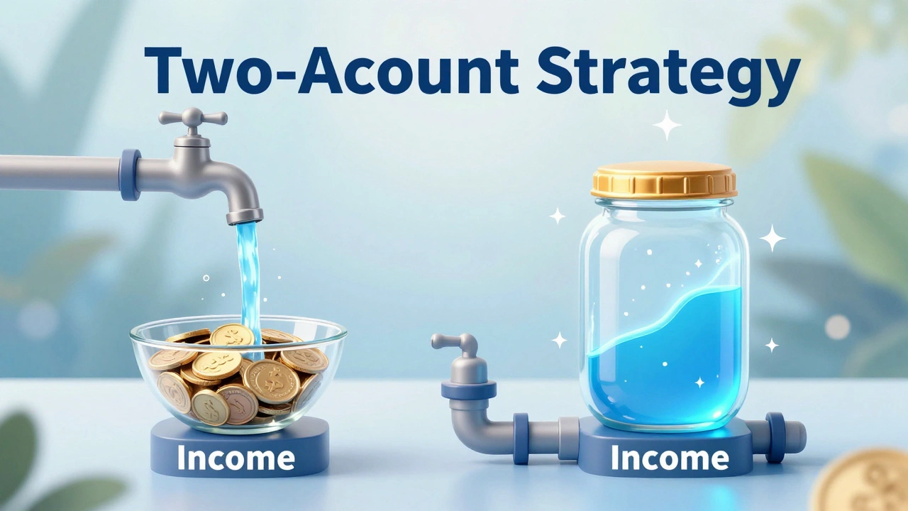Water flowing into separate containers representing spending and saving strategies