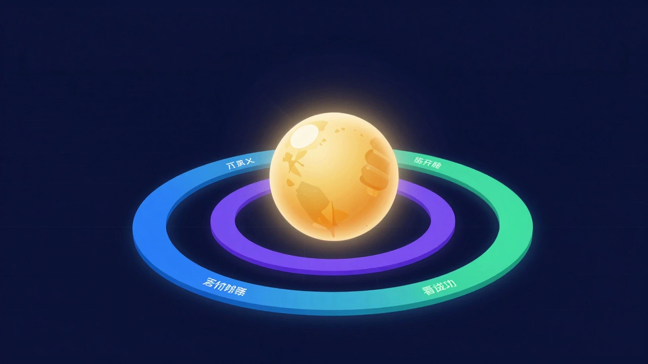Abstract illustration of a glowing sphere with colored orbital rings representing investment types