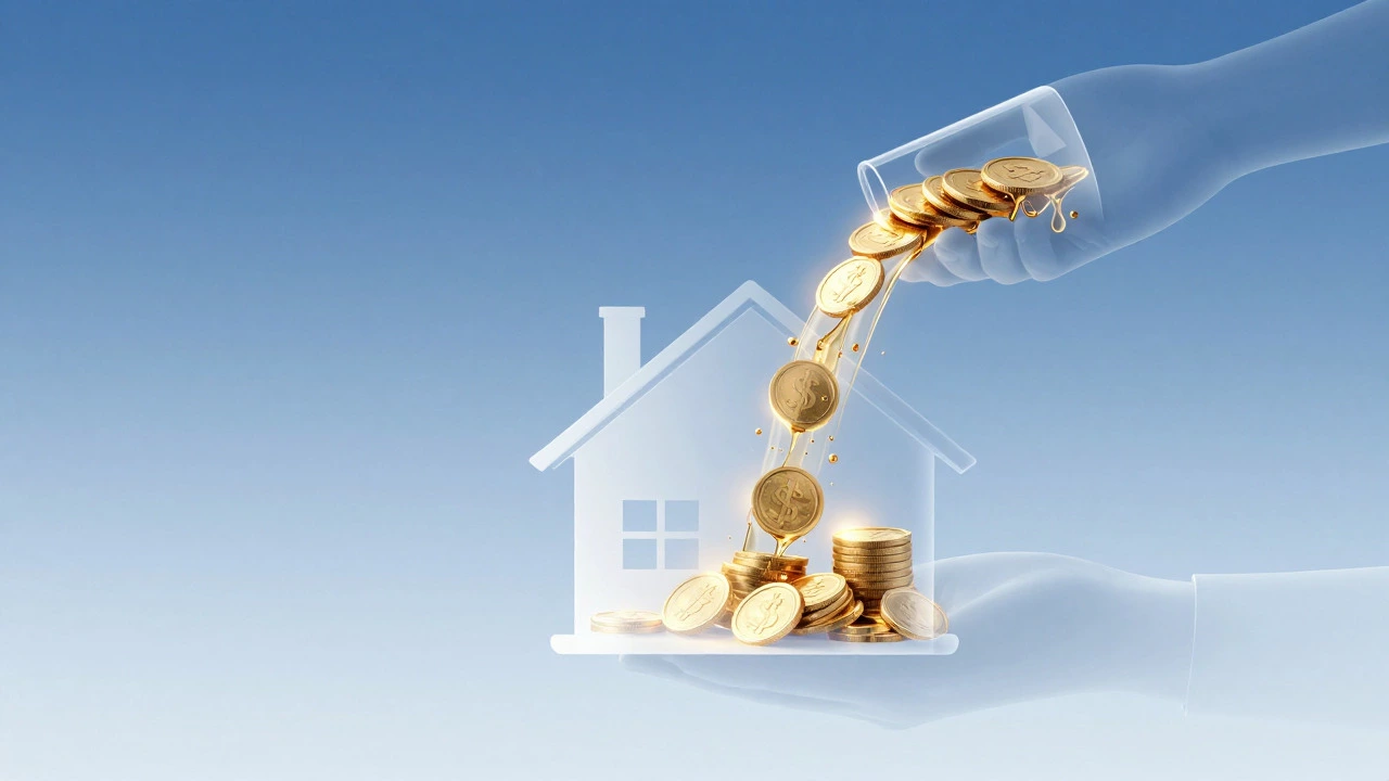Abstract illustration of gold flowing from a house into a vessel