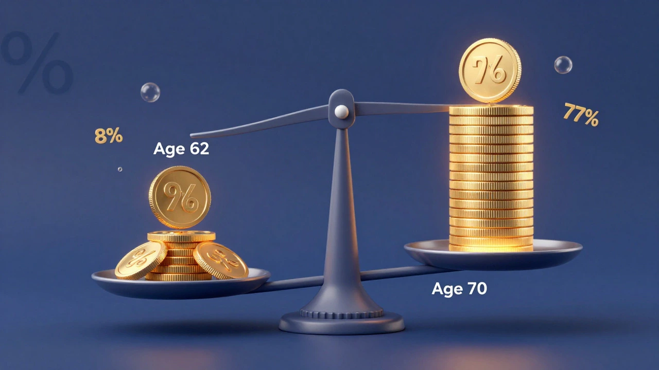Balance scale comparing smaller coins for early retirement vs large gold coins for age 70