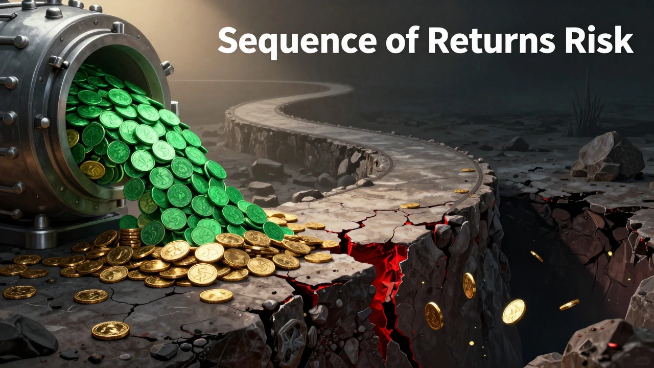 Conceptual art showing coins falling off a cracked path into an abyss